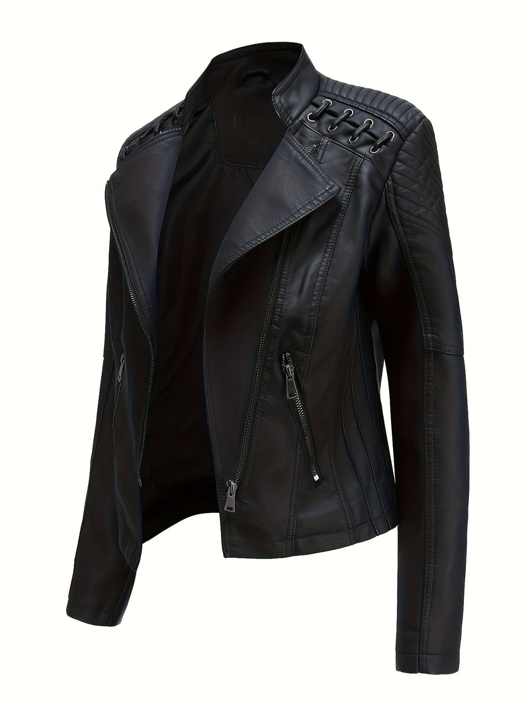Women's edgy black zip moto jacket with studded shoulders, perfect for biker style.