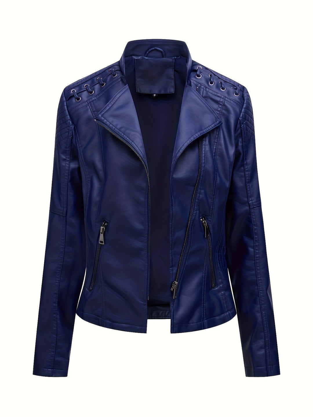 Fall fashion women's edgy moto jacket with studded shoulders & zip, perfect for spring outfits.