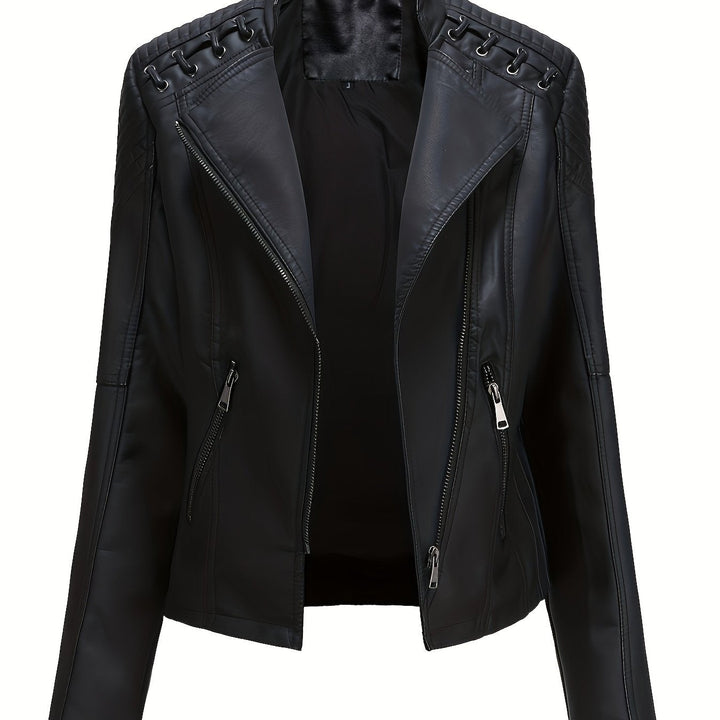 Biker style women's edgy black moto jacket, featuring studded shoulders & asymmetric zip closure.