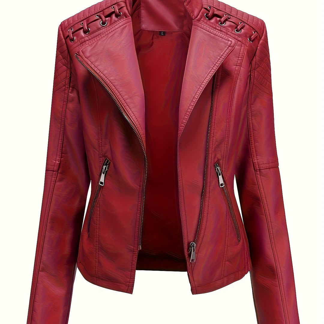Full shot of women's edgy black zip moto jacket with prominent studded shoulders, modern chic style.