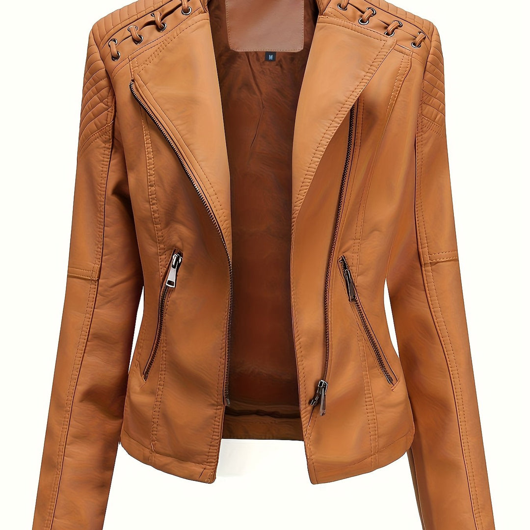 Fashionable women's edgy black moto jacket, comfortable fit, studded shoulders & stylish zip closure.