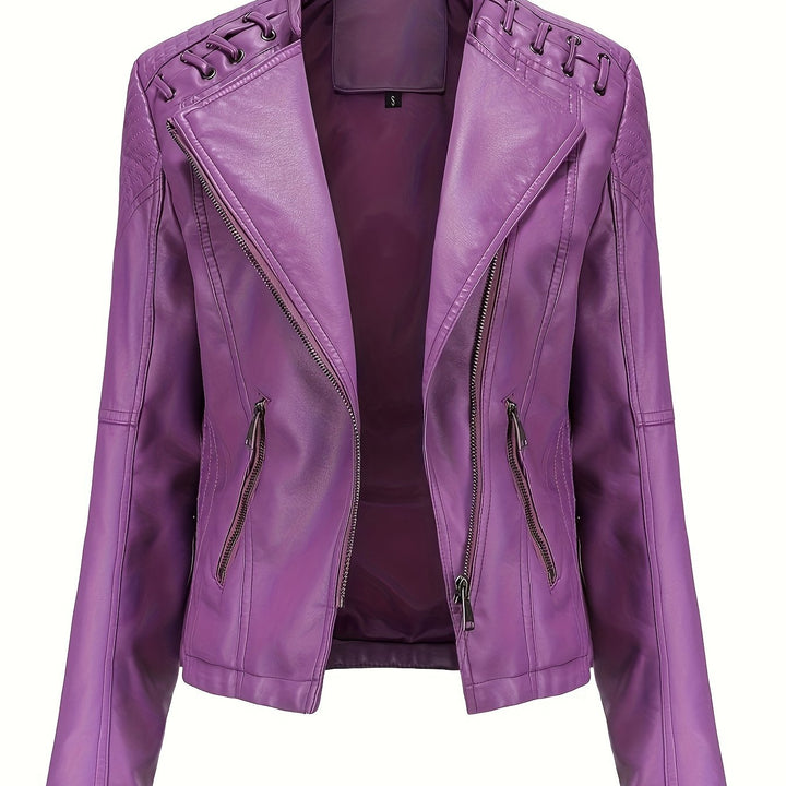 Women's edgy black moto jacket with studded shoulders, zip & notch lapel, versatile for fall/spring.