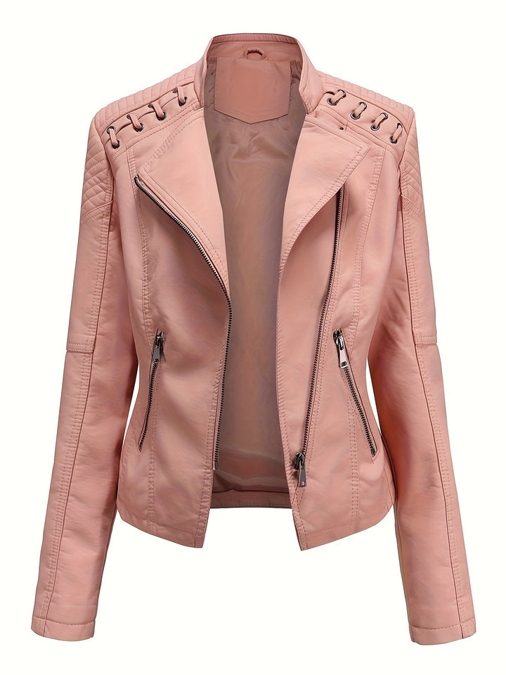 Women's black moto jacket featuring edgy zip closure & stylish notch lapel, studded shoulders.
