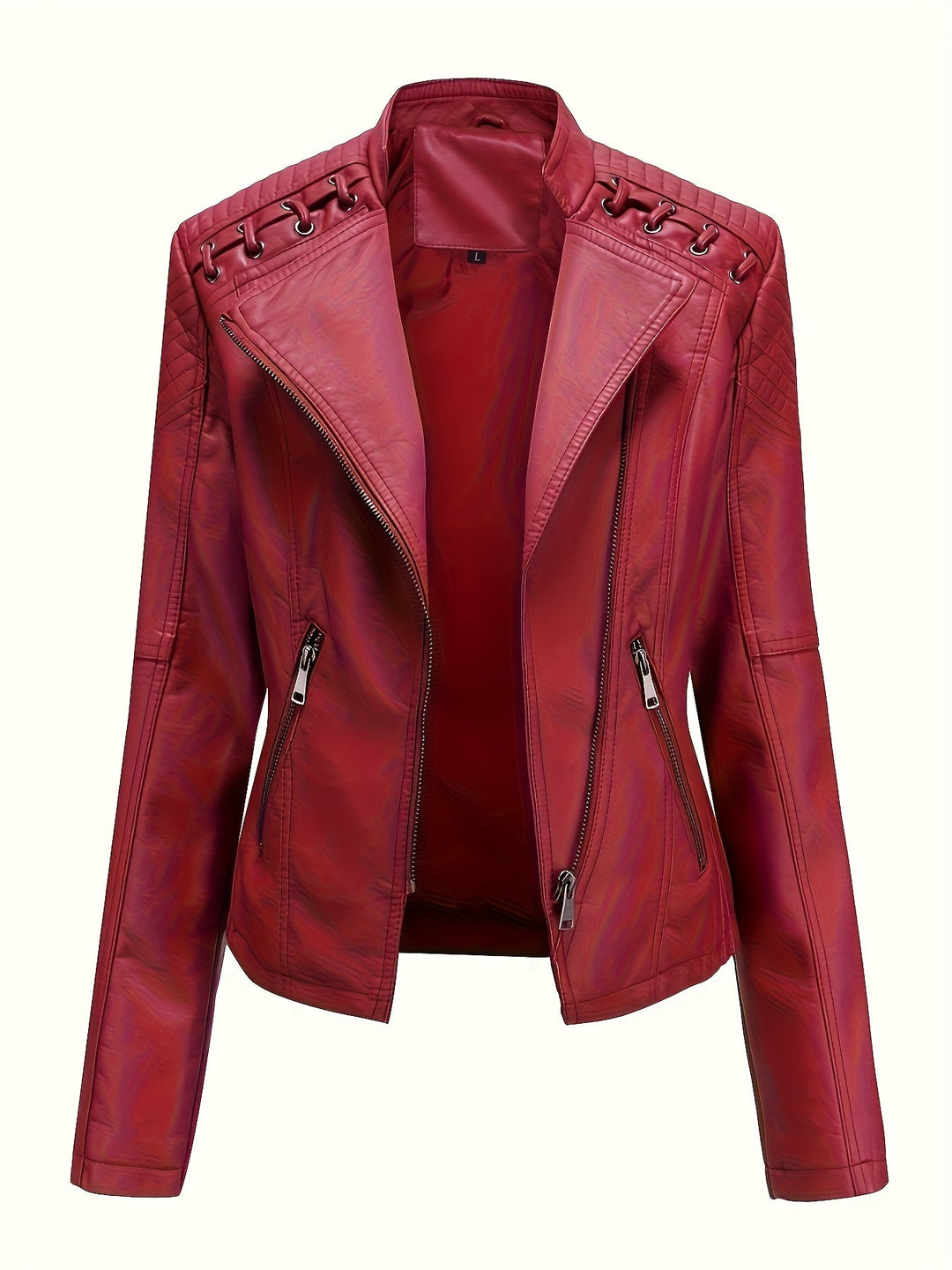 Modern chic women's edgy moto jacket with studded shoulders, ideal fall & spring fashion outerwear.