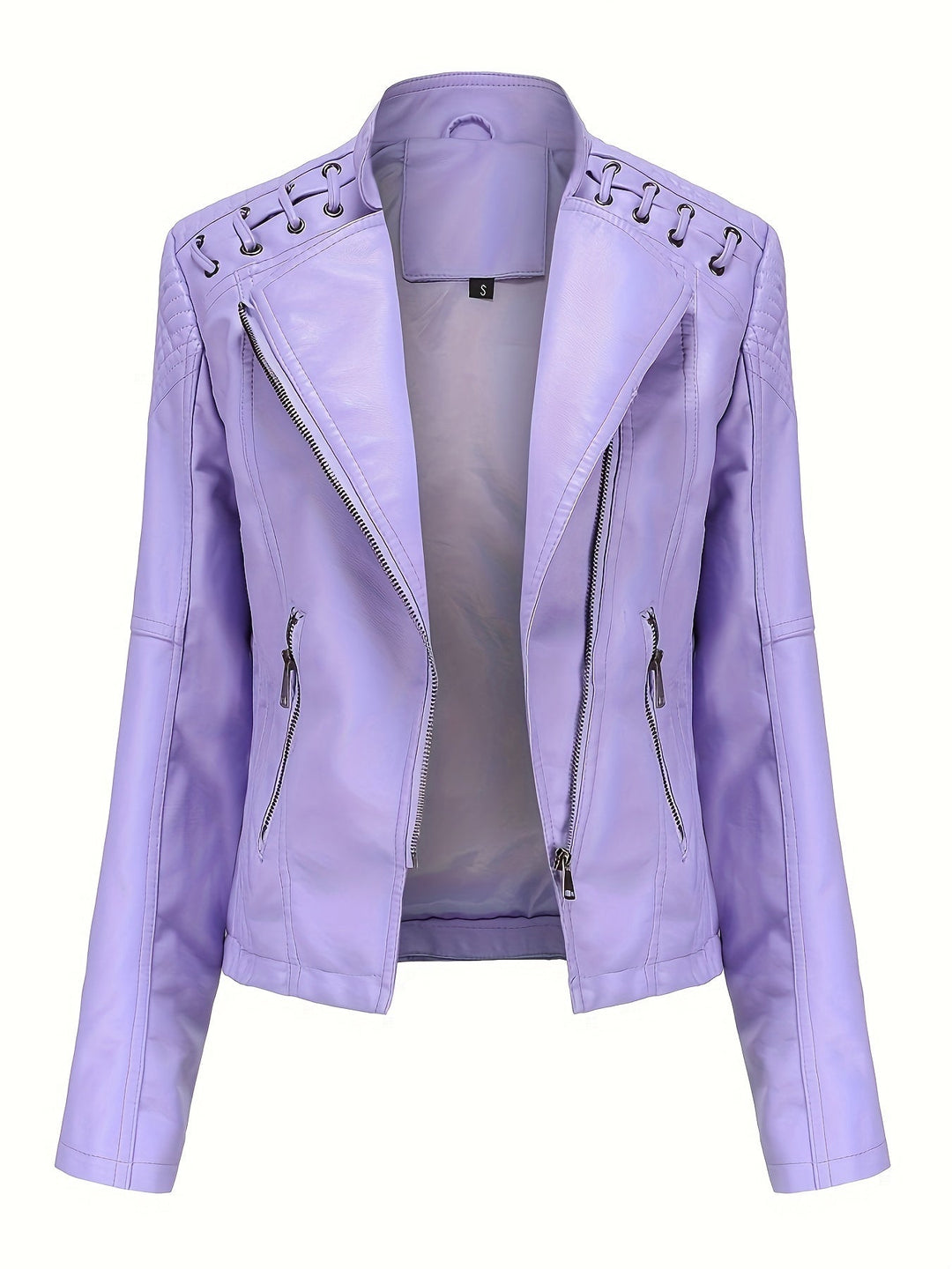 Versatile women's black moto jacket with edgy studs on shoulders, great statement outerwear.