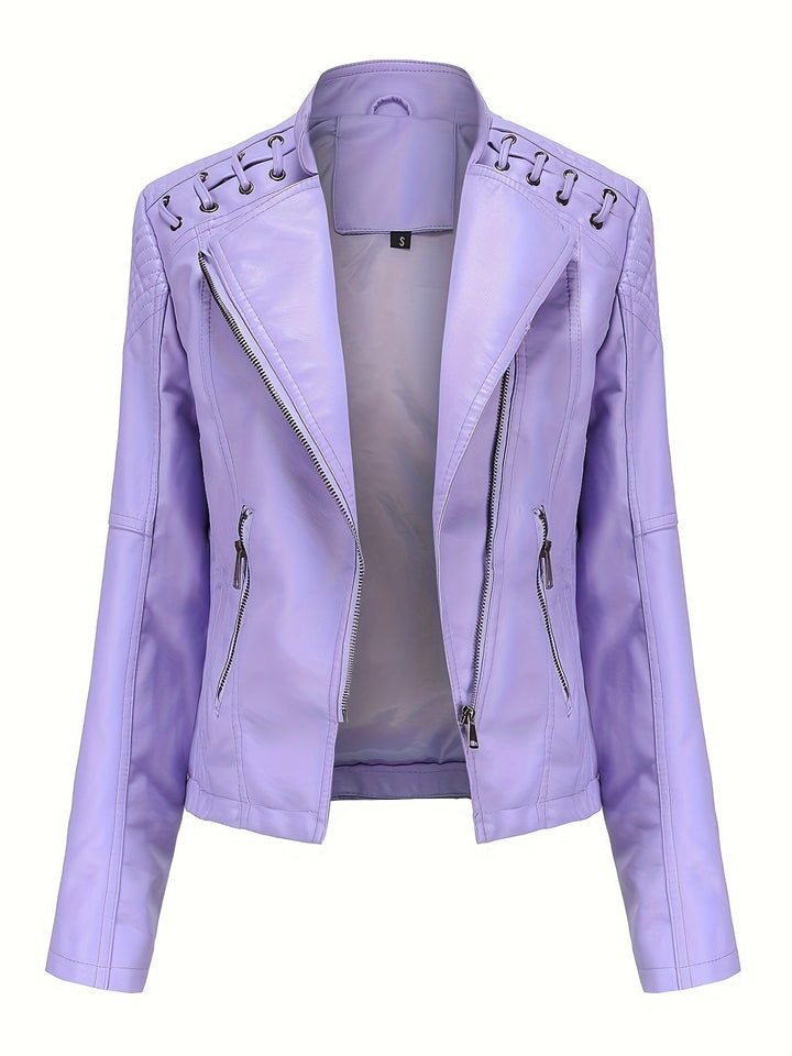 Versatile women's black moto jacket with edgy studs on shoulders, great statement outerwear.