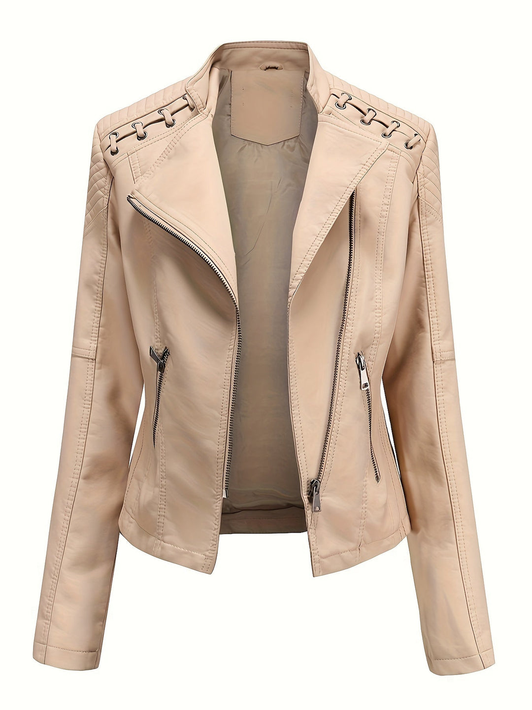 Black faux leather women's edgy moto jacket with studded shoulders and zip front closure.