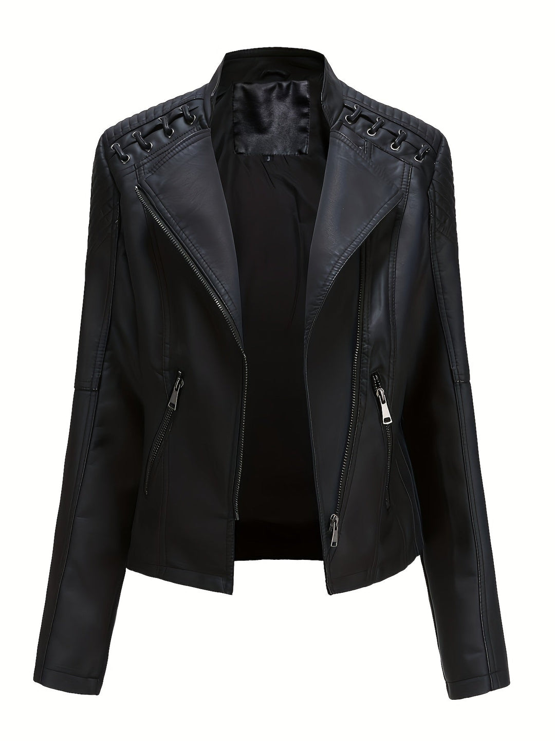 Detailed view of the edgy studded shoulders & notch lapel on a women's black zip moto jacket.