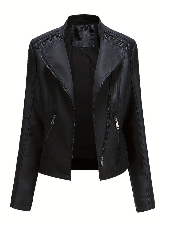 Detailed view of the edgy studded shoulders & notch lapel on a women's black zip moto jacket.