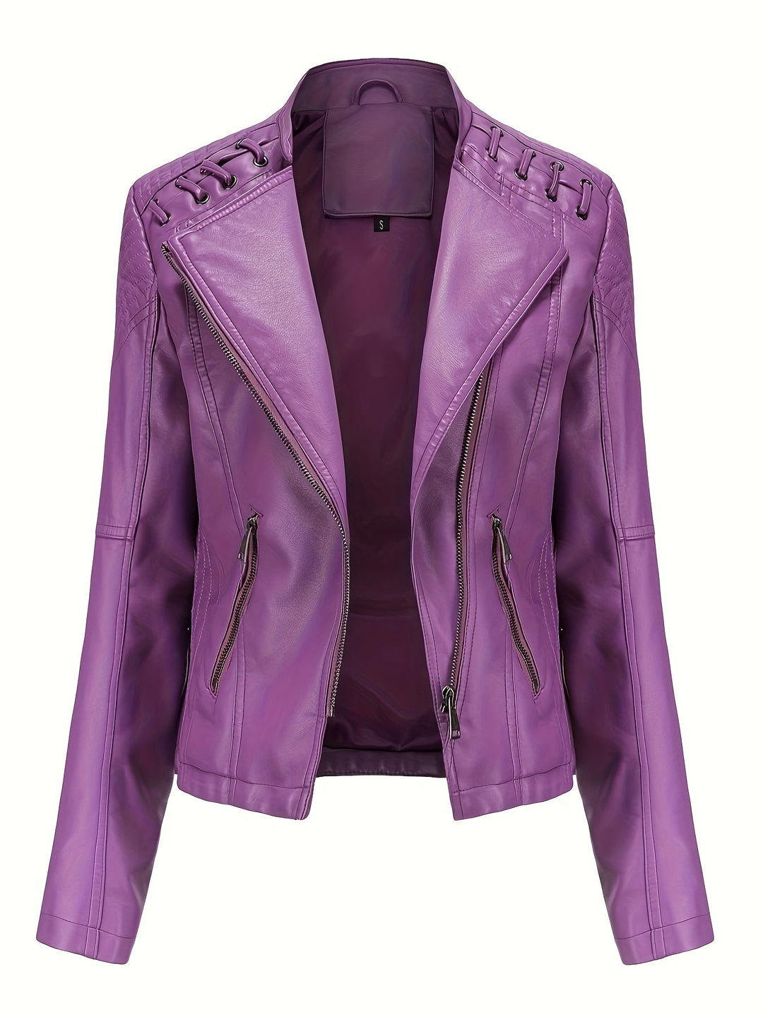 Statement women's edgy black moto jacket with studded shoulders & zip for a bold fashion look.