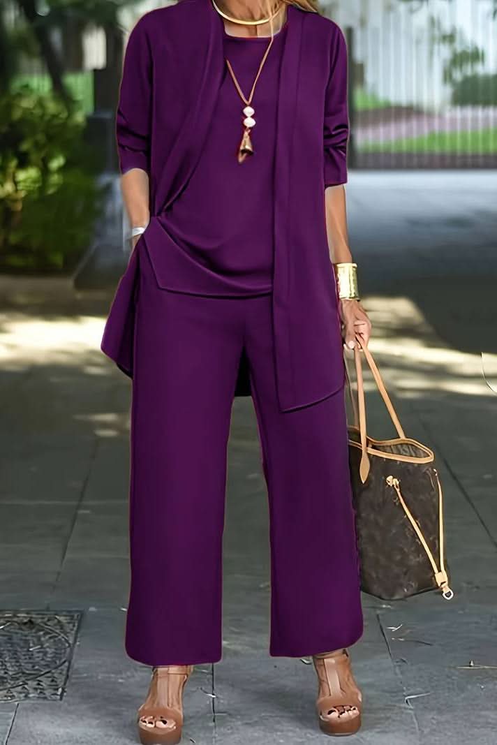 Women's relaxed fit 3-piece loungewear set, styled as a chic beach coverup or casual outfit.