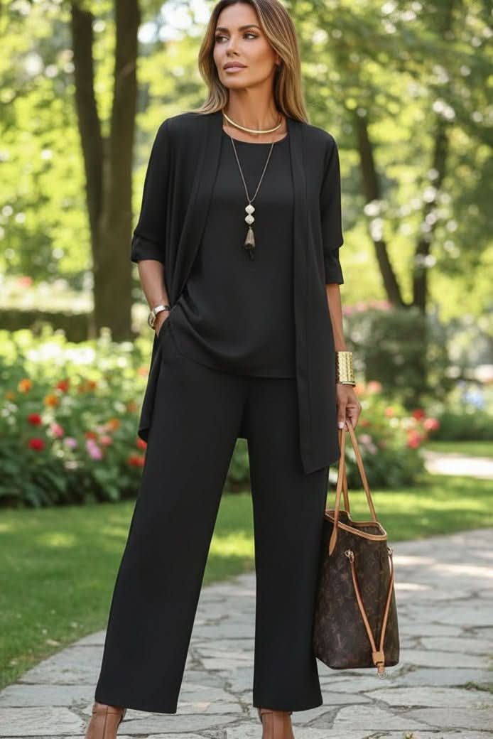Comfy 3-piece women's lounge set, ideal casual outfit or beach coverup, shown on a model.