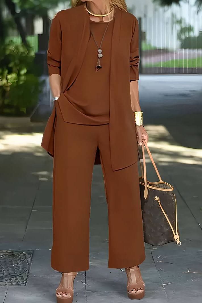 Full view of the women's effortless 3-piece summer lounge set laid flat, showing all items.
