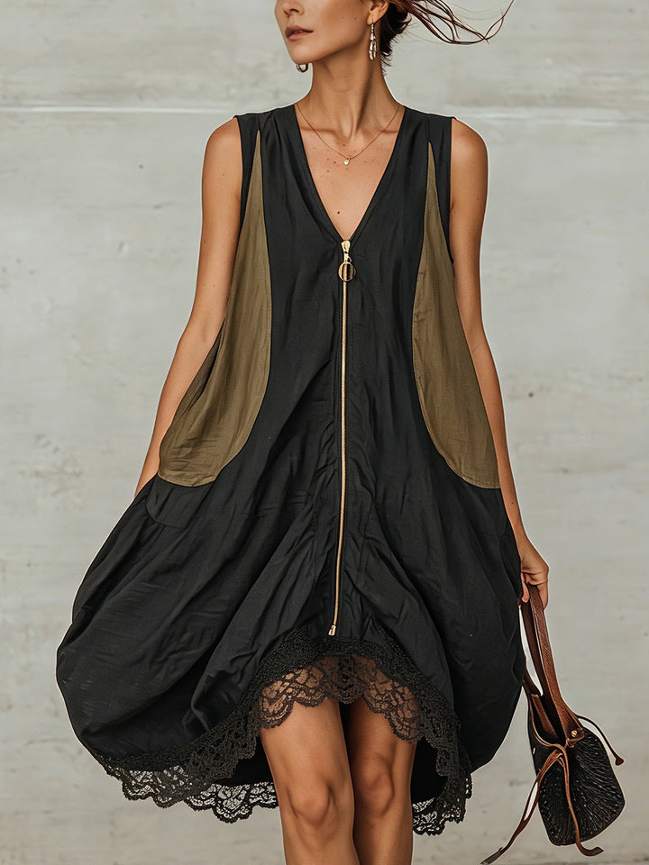 Women's effortless black midi dress with V-neck, sleeveless design, and delicate lace hem. Elegant and modern.