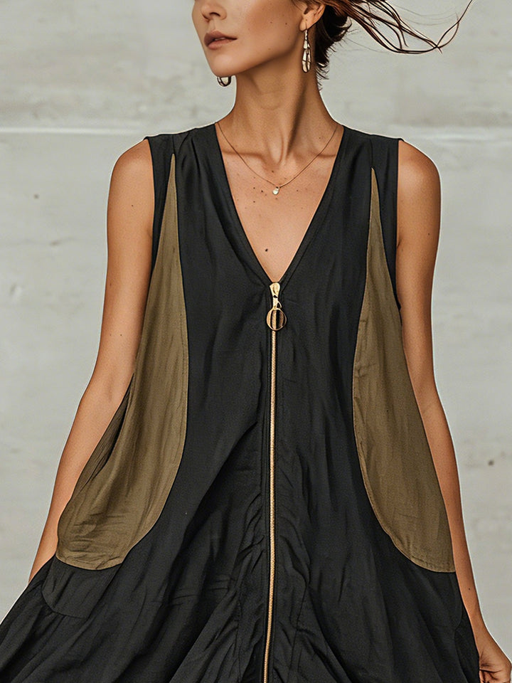 Sleeveless black V-neck midi dress for women with intricate lace hem detail. Effortless city fashion & everyday style.