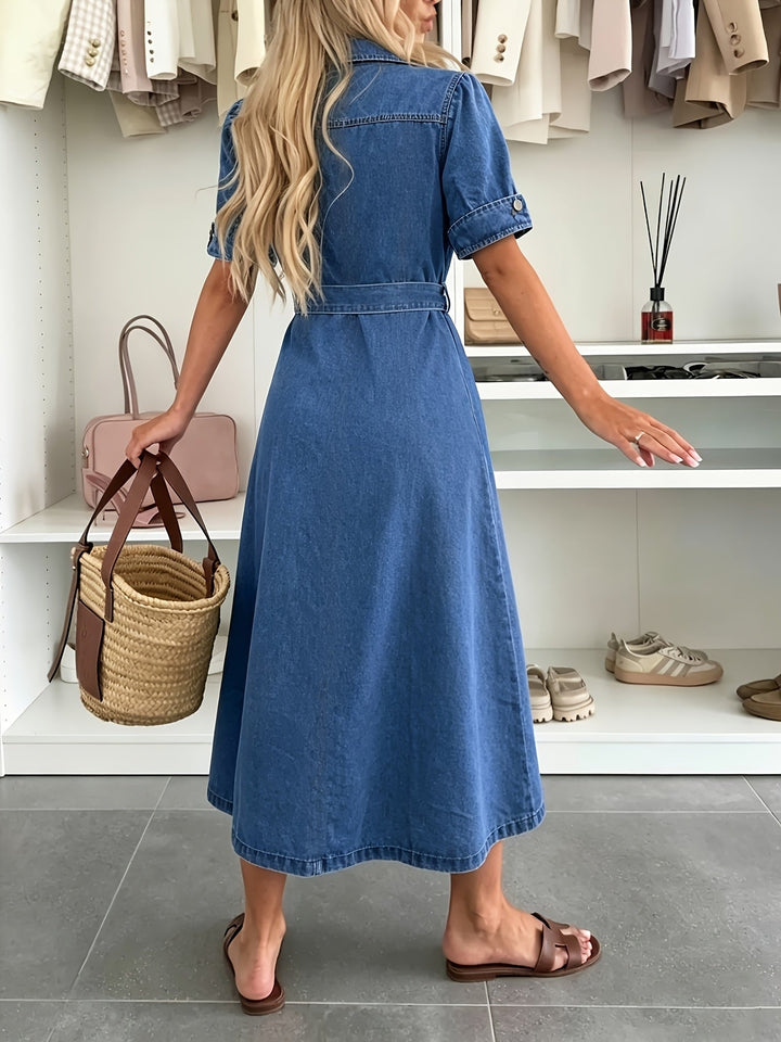 Chic women's blue belted button-front dress, a versatile everyday piece with flattering puff sleeves for casual wear.