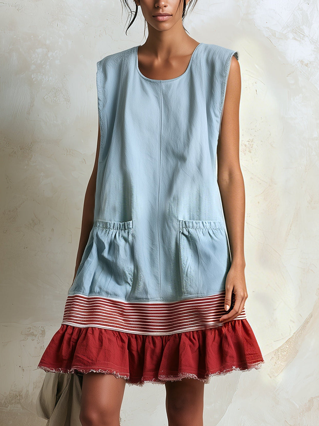 Women's effortless blue mini dress with tiered ruffle and contrast hem, perfect for casual summer style.