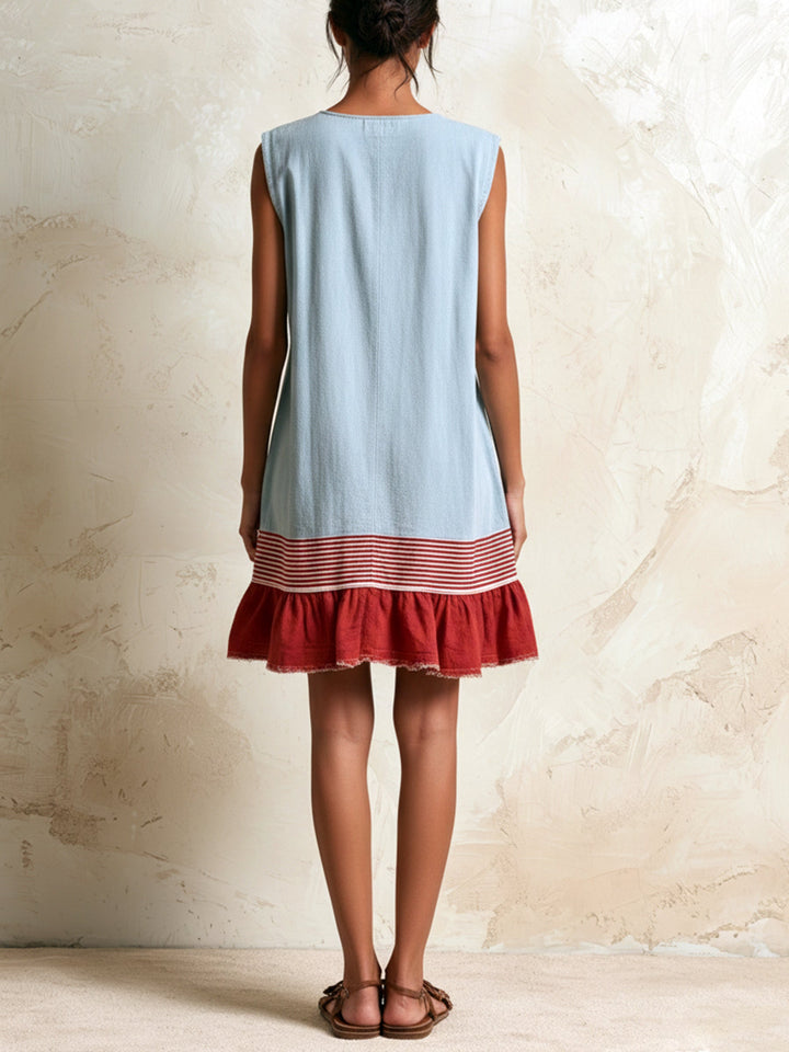 Sleeveless women's blue mini dress with a distinctive ruffle tiered contrast hem for a playful summer look.