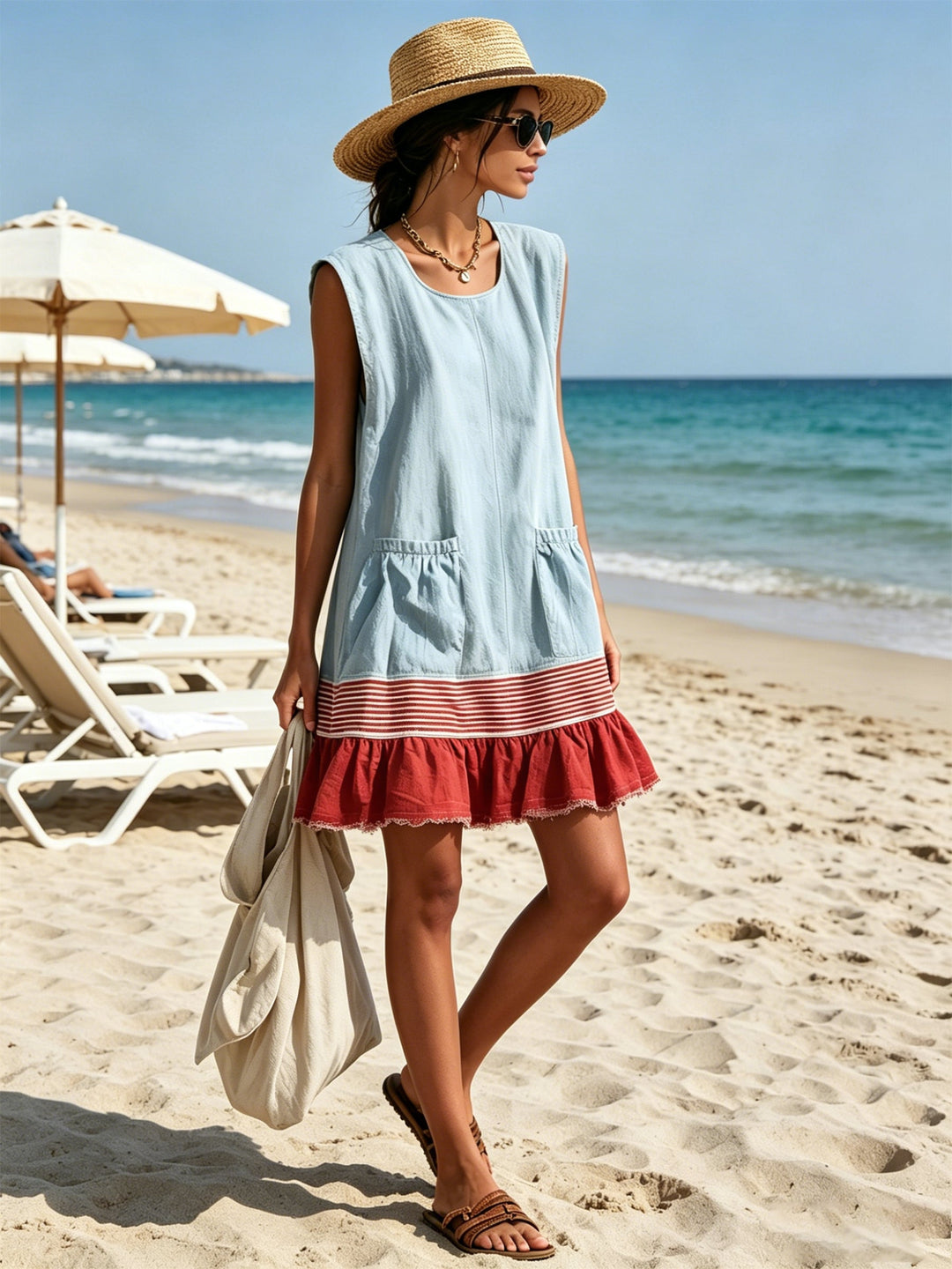 Effortless women's blue mini dress, sleeveless with a tiered ruffle hem and contrast for summer comfort.