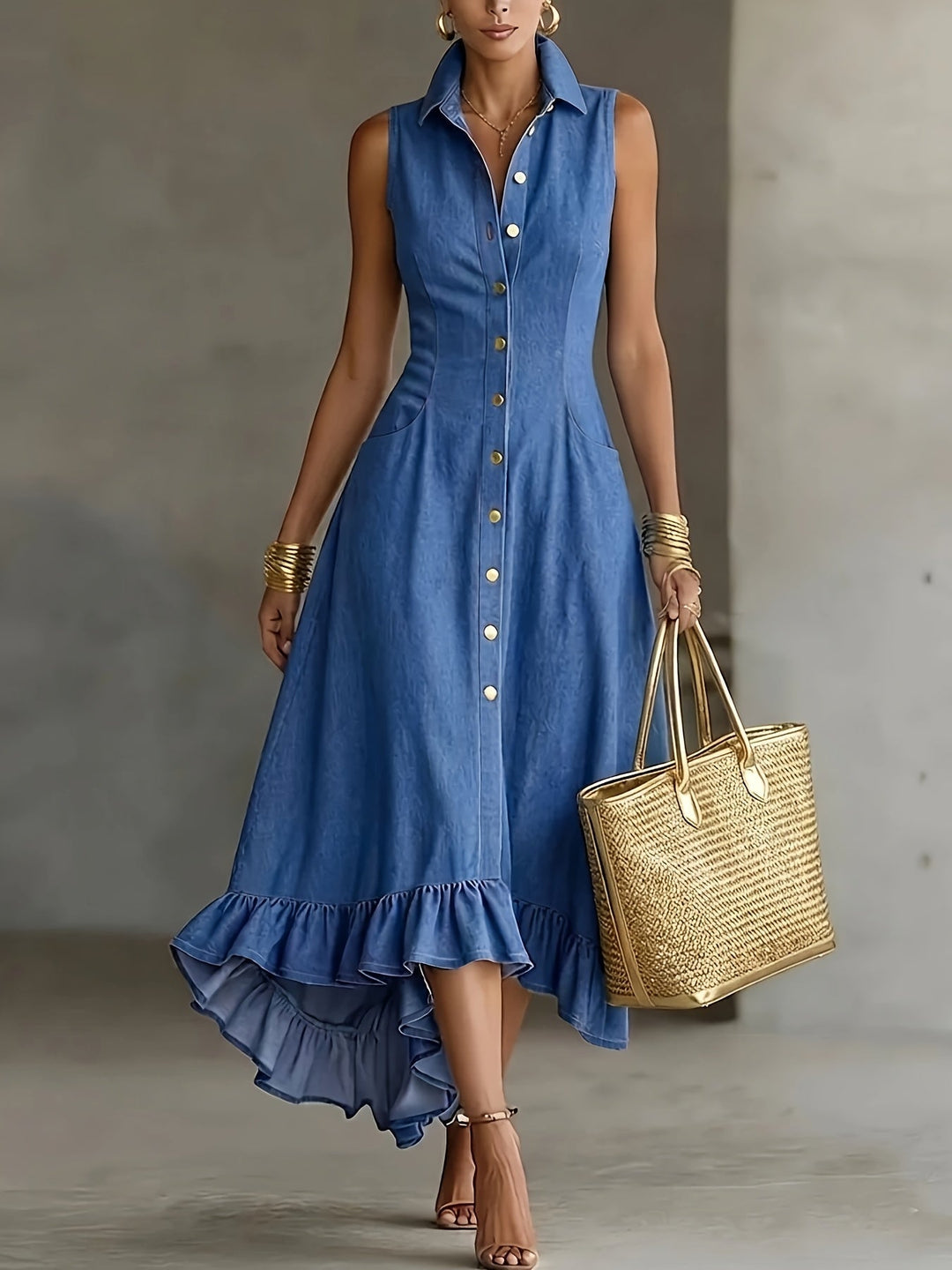Women's effortless blue ruffle high-low sleeveless dress, perfect for summer casual elegance.
