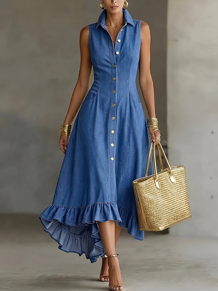 Women's effortless blue ruffle high-low sleeveless dress, perfect for summer casual elegance.
