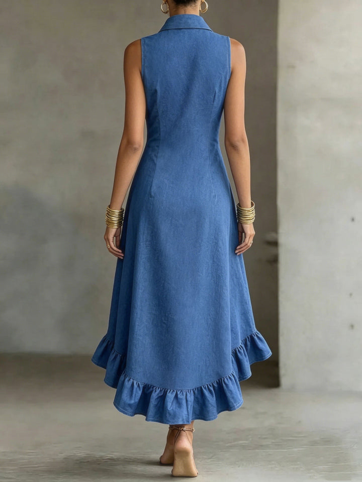 Chic blue ruffle high-low sleeveless dress for women, featuring a button front, ideal for summer vacation.