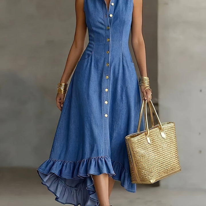 Women's casual blue ruffle high-low sleeveless dress, featuring a button front, an elegant summer essential.
