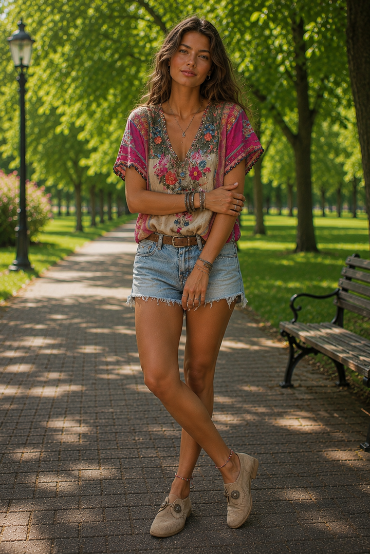 Effortless chic women's bohemian festival top. Relaxed fit, perfect for breezy summer days & versatile casual wear.