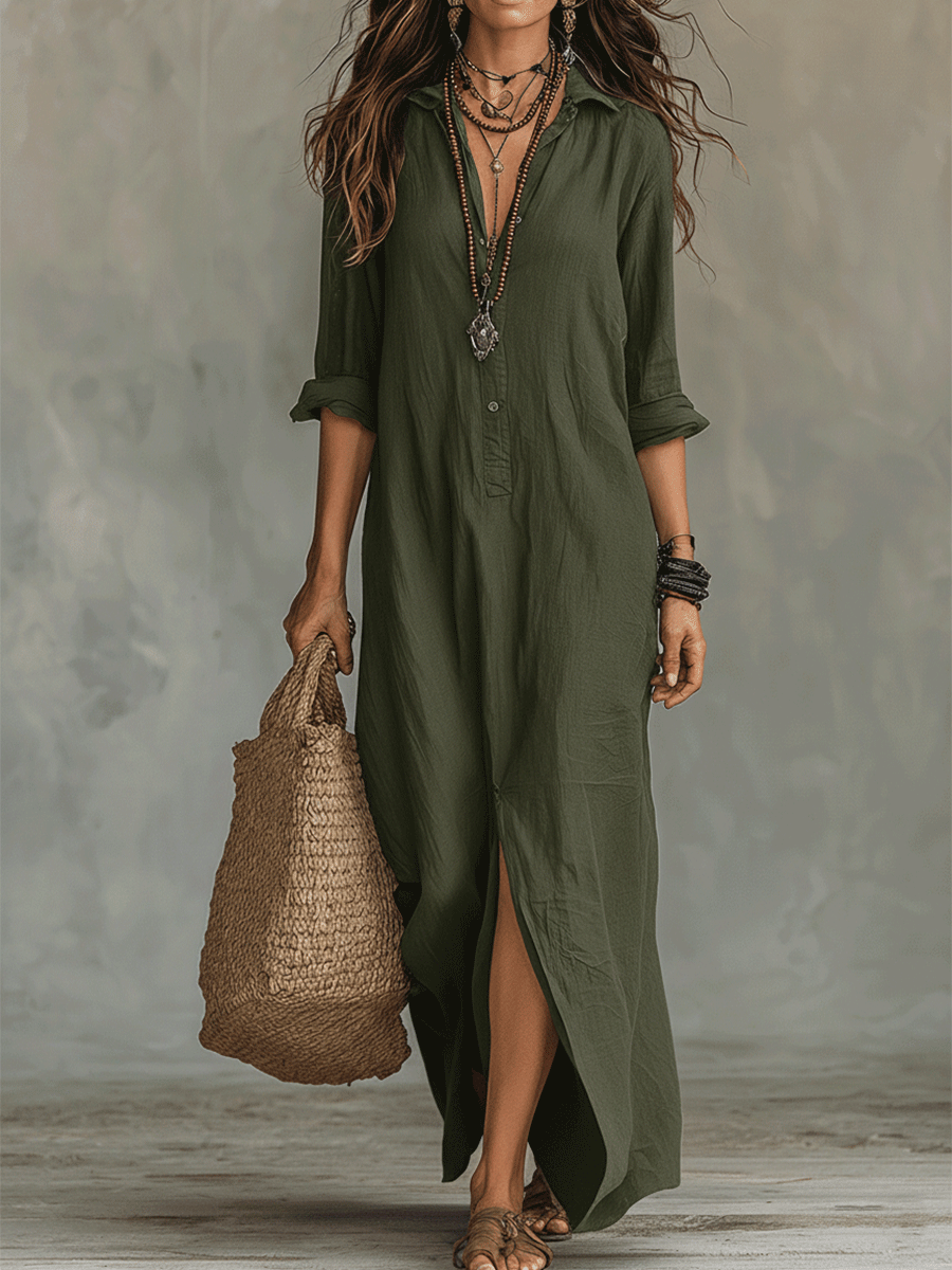 Effortless women's maxi dress in bohemian style, designed with a functional button-front detail.