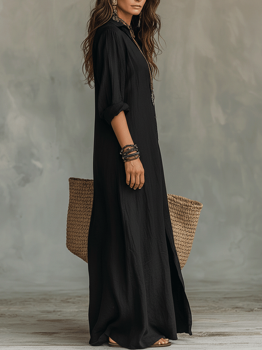 Long bohemian button-front maxi dress for women, offering effortless style for casual or vacation looks.