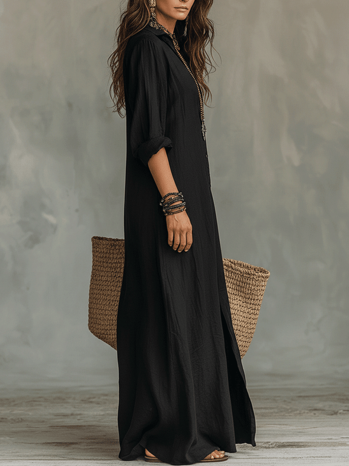 Long bohemian button-front maxi dress for women, offering effortless style for casual or vacation looks.