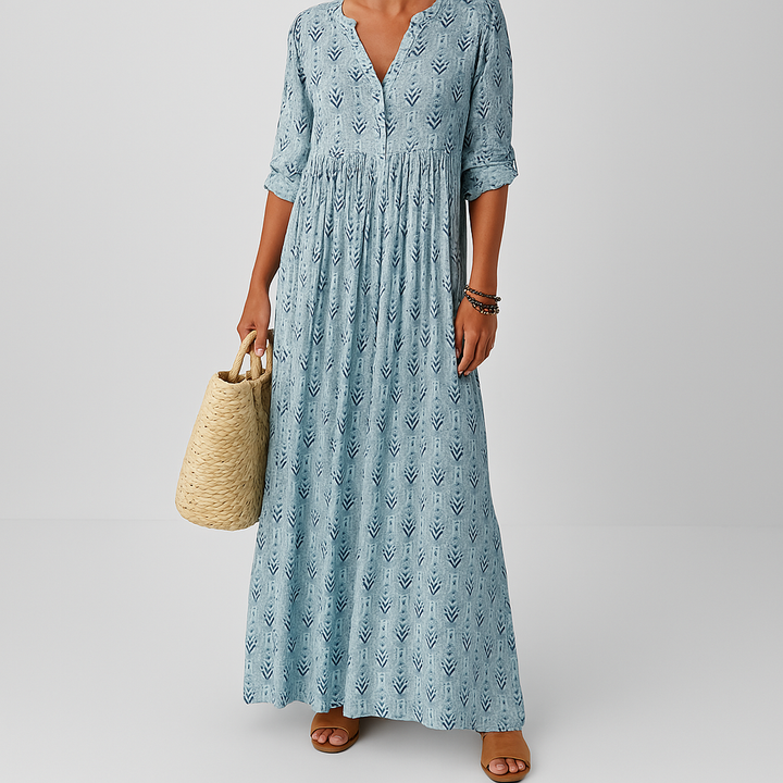 Women's effortless boho print V-neck maxi dress, long sleeve, relaxed fit, perfect for summer casual or beachwear.