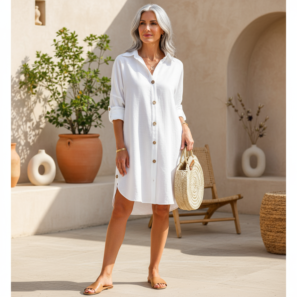 Women's effortless button-down shirt dress. Casual oversized fit, versatile for summer and beach cover-up.