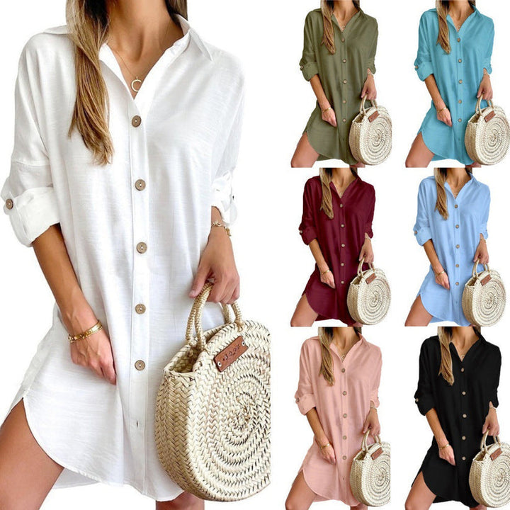 White women's summer shirt dress. Casual button-down with an oversized fit, short and chic for warm weather.