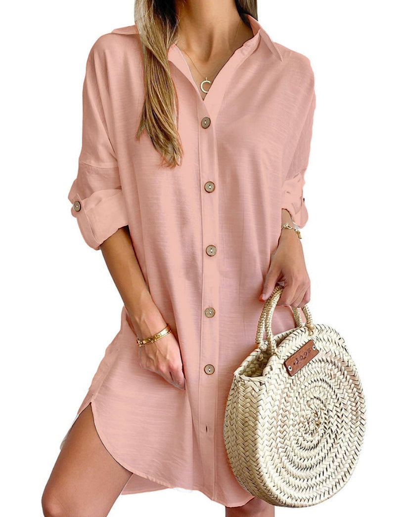 Black short button-down shirt dress. Versatile women's casual oversized dress, perfect as a beach cover-up.
