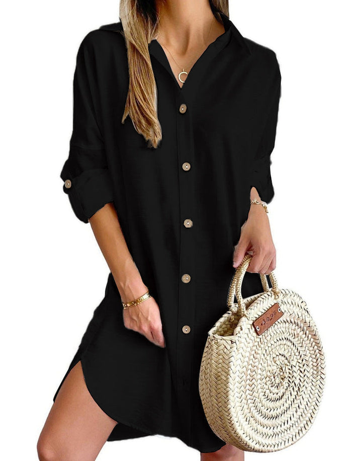 Oversized fit women's casual shirt dress. Button-down style with roll-tab sleeves, a versatile summer short dress.