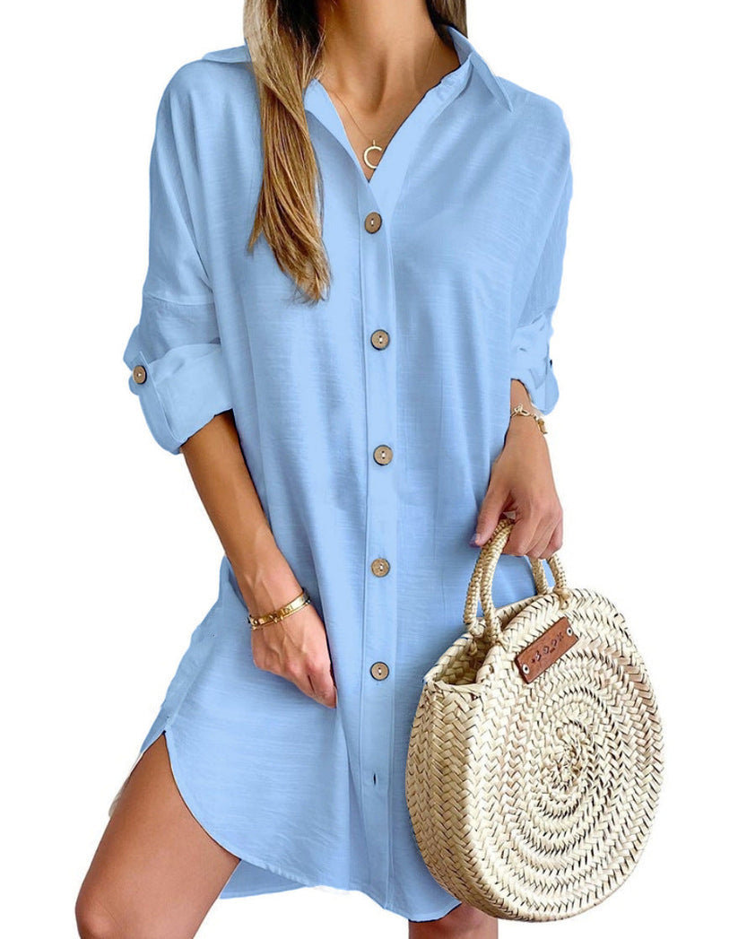 Women's casual short shirt dress with roll-tab sleeves. Button-down, oversized fit, perfect for summer days.