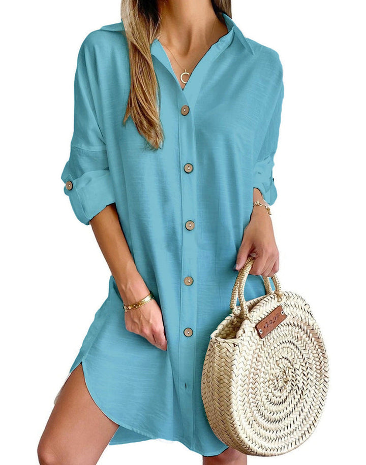 Versatile women's button-down shirt dress. Casual beach cover-up or summer dress with an effortless oversized fit.
