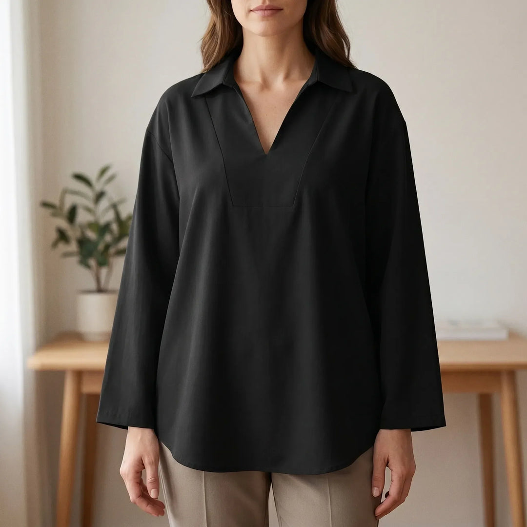 Women's effortless casual high-low tunic top with long sleeves, v-neck, perfect for everyday wear.