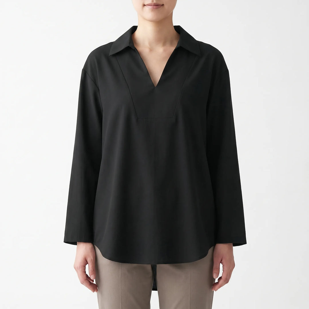 Loose fit women's high-low tunic blouse, long sleeve, v-neck; versatile for casual or smart casual looks.