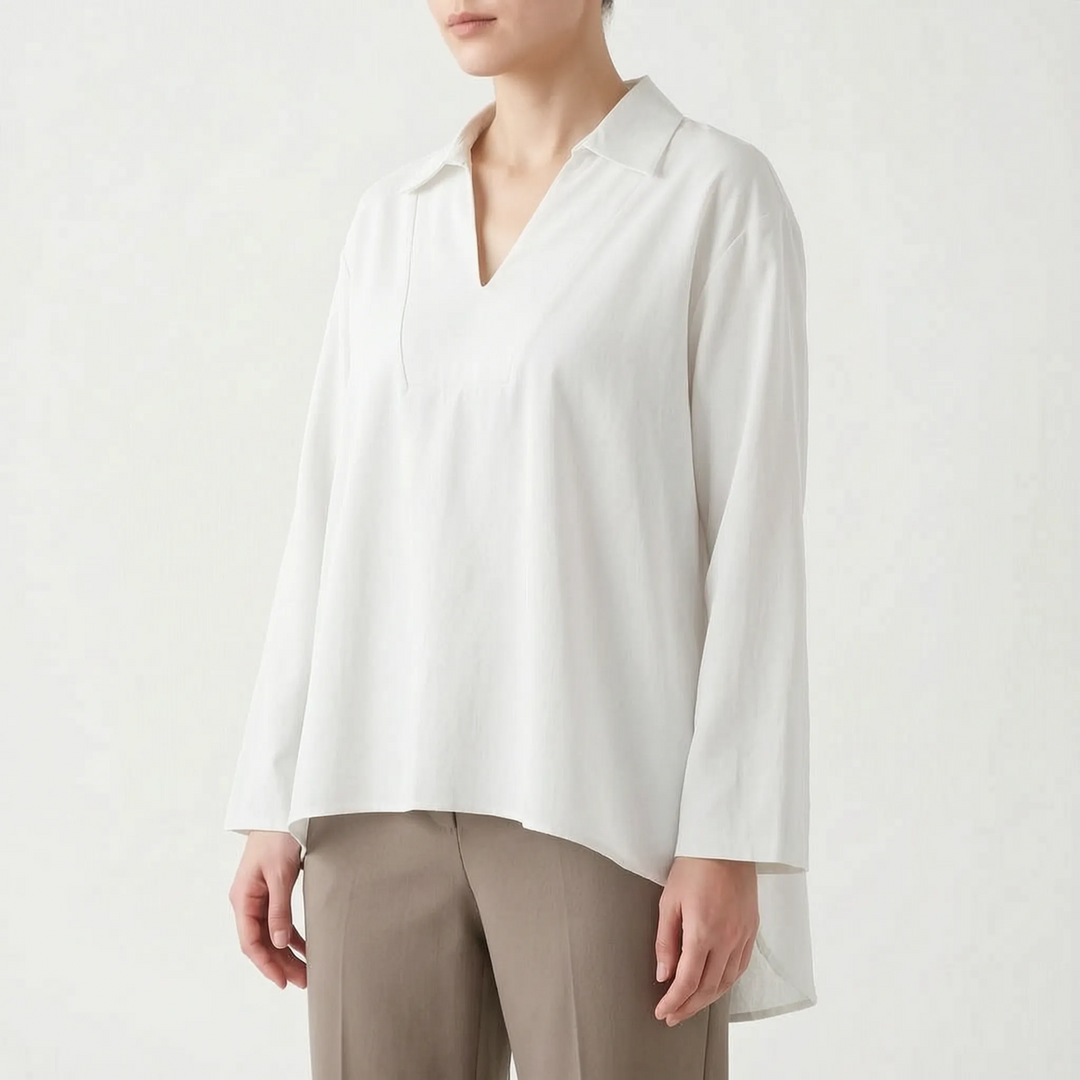 Comfortable long sleeve v-neck women's high-low tunic blouse, designed for effortless everyday wear.