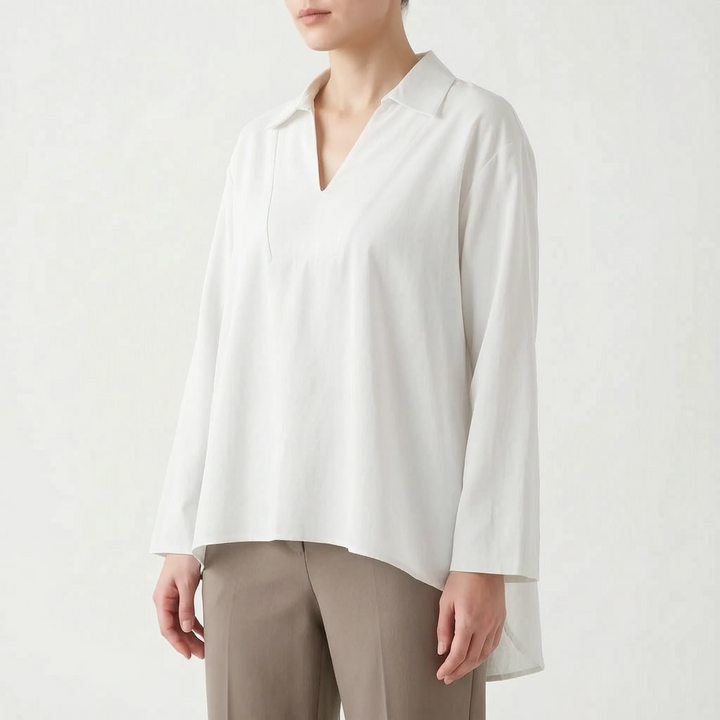 Comfortable long sleeve v-neck women's high-low tunic blouse, designed for effortless everyday wear.