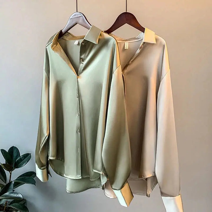 Back view of women's versatile long-sleeve Effortless Chic blouse. Comfortable fit for stylish casual or office everyday wear.