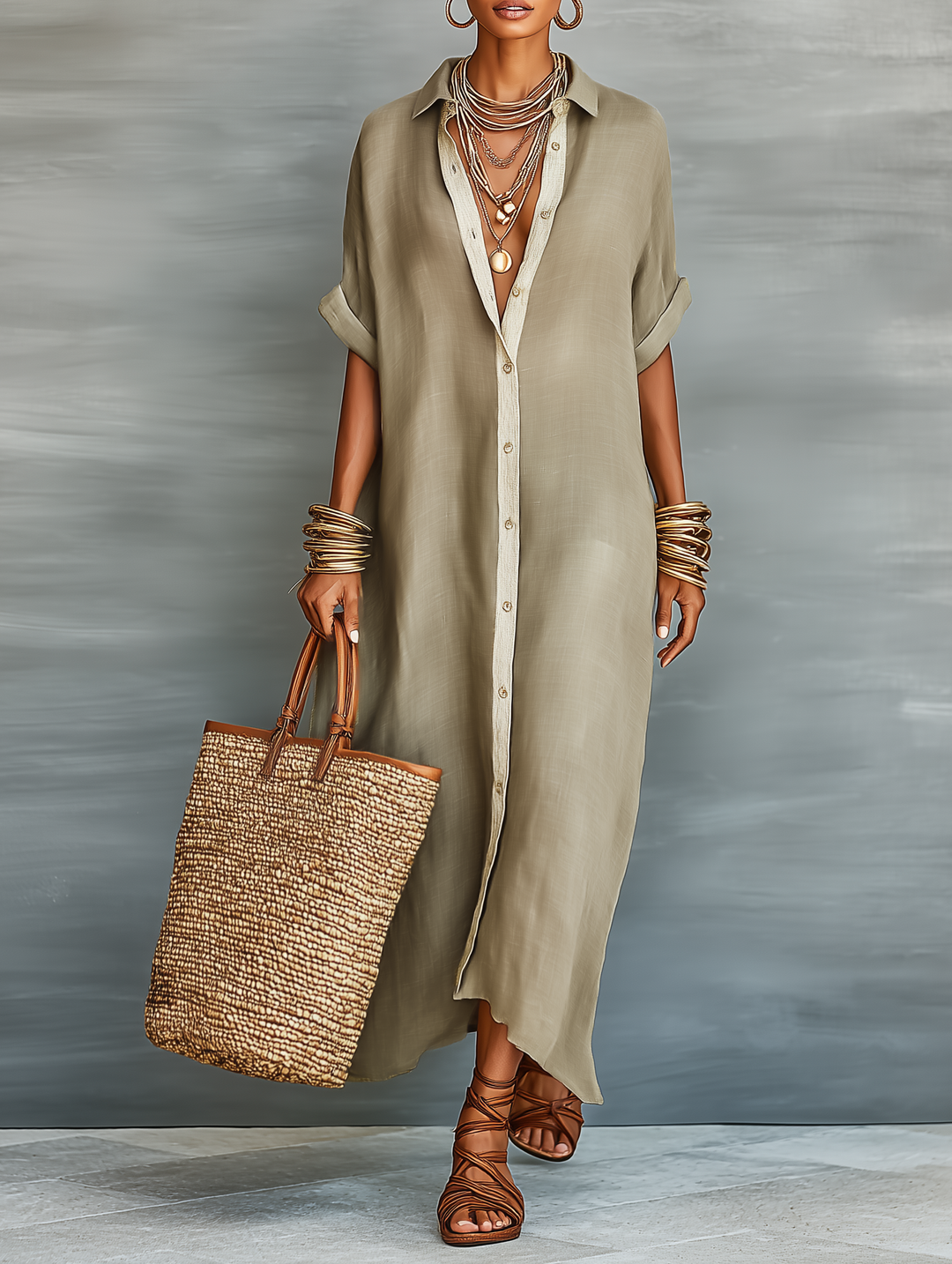 Women's effortless collared button front maxi shirt dress with relaxed fit and elbow sleeves, perfect for summer.