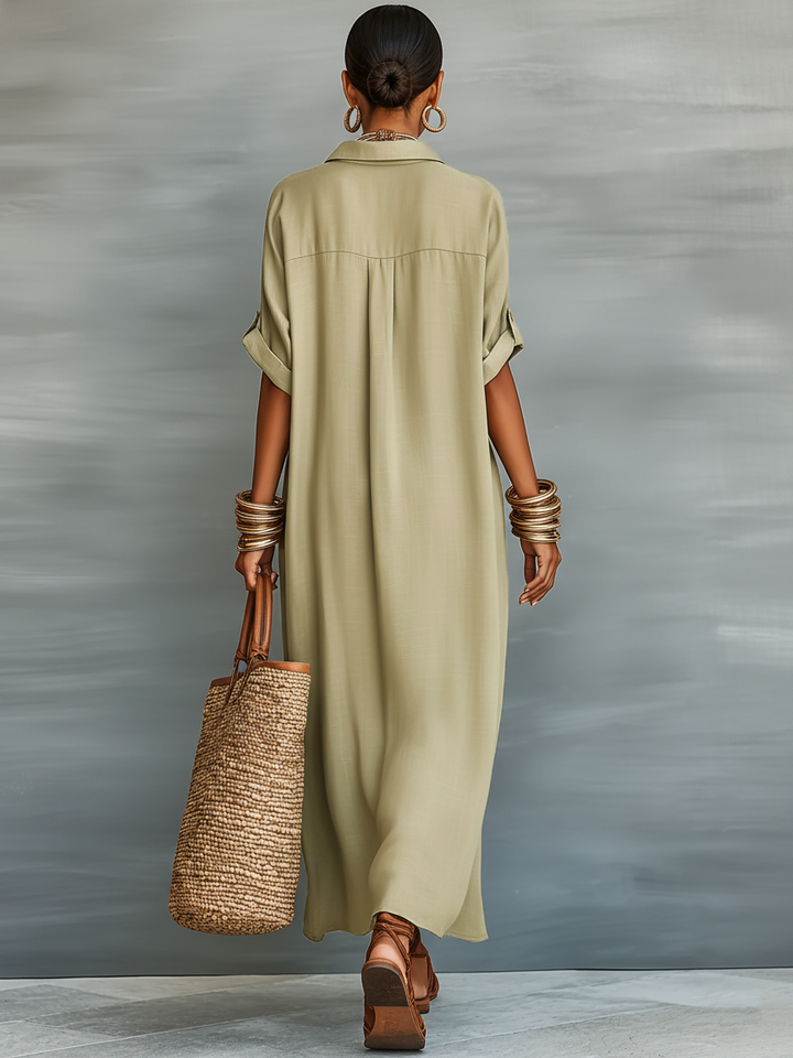 Casual oversized women's maxi shirt dress with collar & full button front, ideal for vacation or daywear.