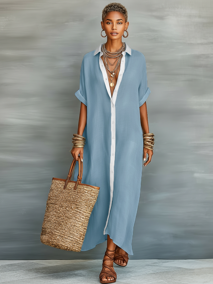 Stylish women's summer shirt dress, a collared maxi with a full button front, oversized and effortless.