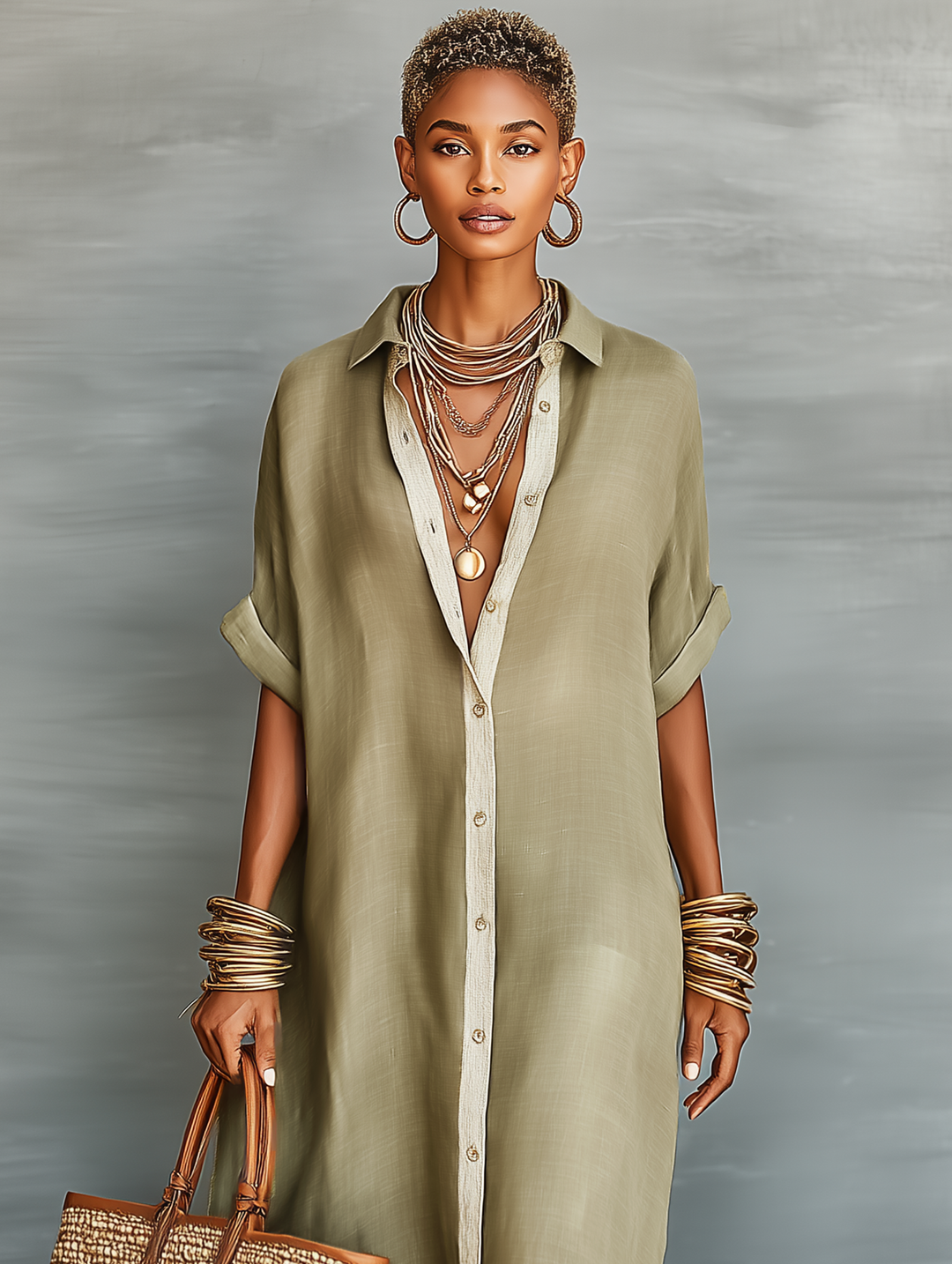 Collared button-front maxi shirt dress, a versatile women's casual day dress with elbow sleeves.