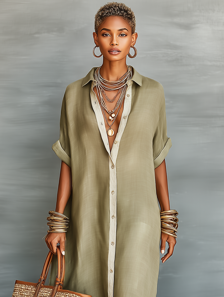 Collared button-front maxi shirt dress, a versatile women's casual day dress with elbow sleeves.