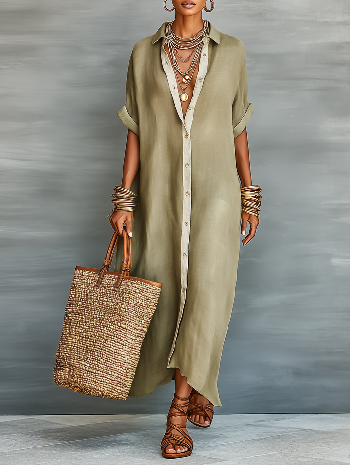 Chic women's collared button-front maxi shirt dress, perfect as a relaxed fit summer day dress.