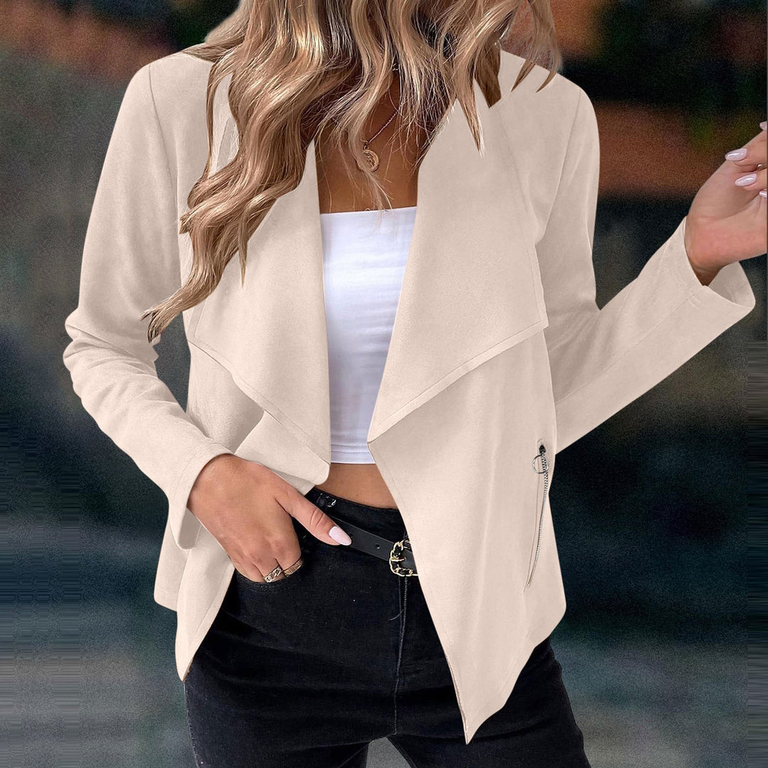 Stylish women's open front draped jacket. Features a sophisticated waterfall lapel & long sleeves.